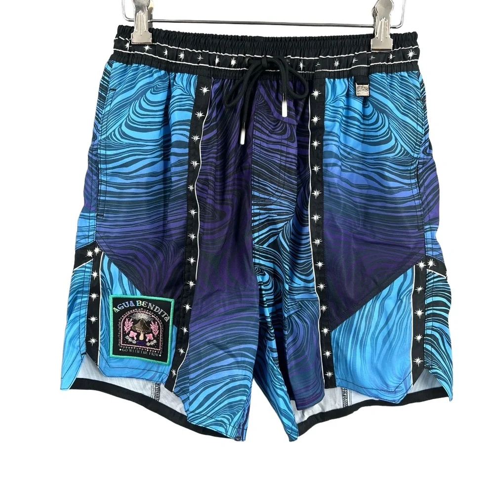 Agua Bendita Mens Swim Trunks Blue Purple Wave Print Star Tape Isaac Eter 28 New
